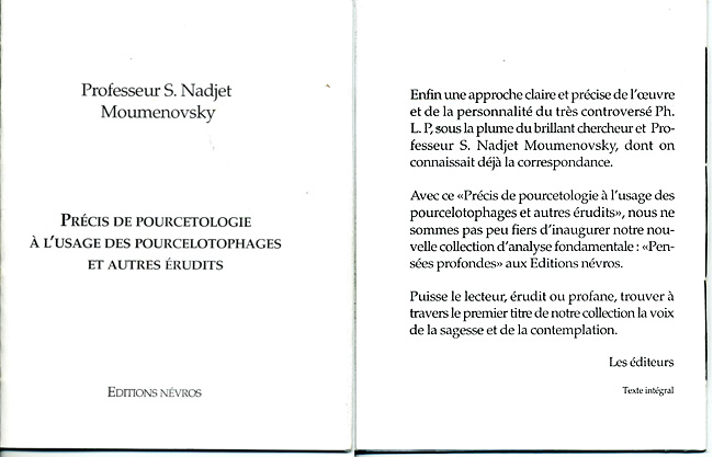Professeur S.Nadjet Moumenosky Précis de Pourcetologie à l'usage des pourcelotophages et autres érudits